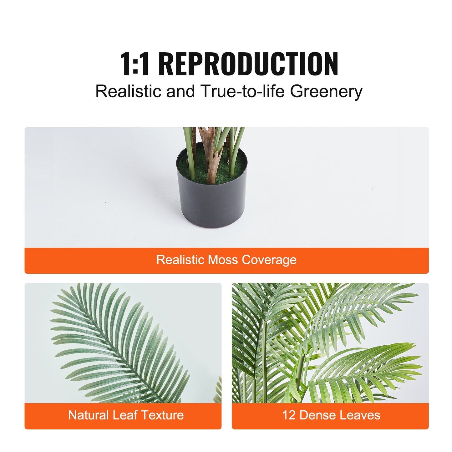 Close-up details of 6ft artificial palm tree showing realistic moss coverage natural leaf texture and 12 dense leaves