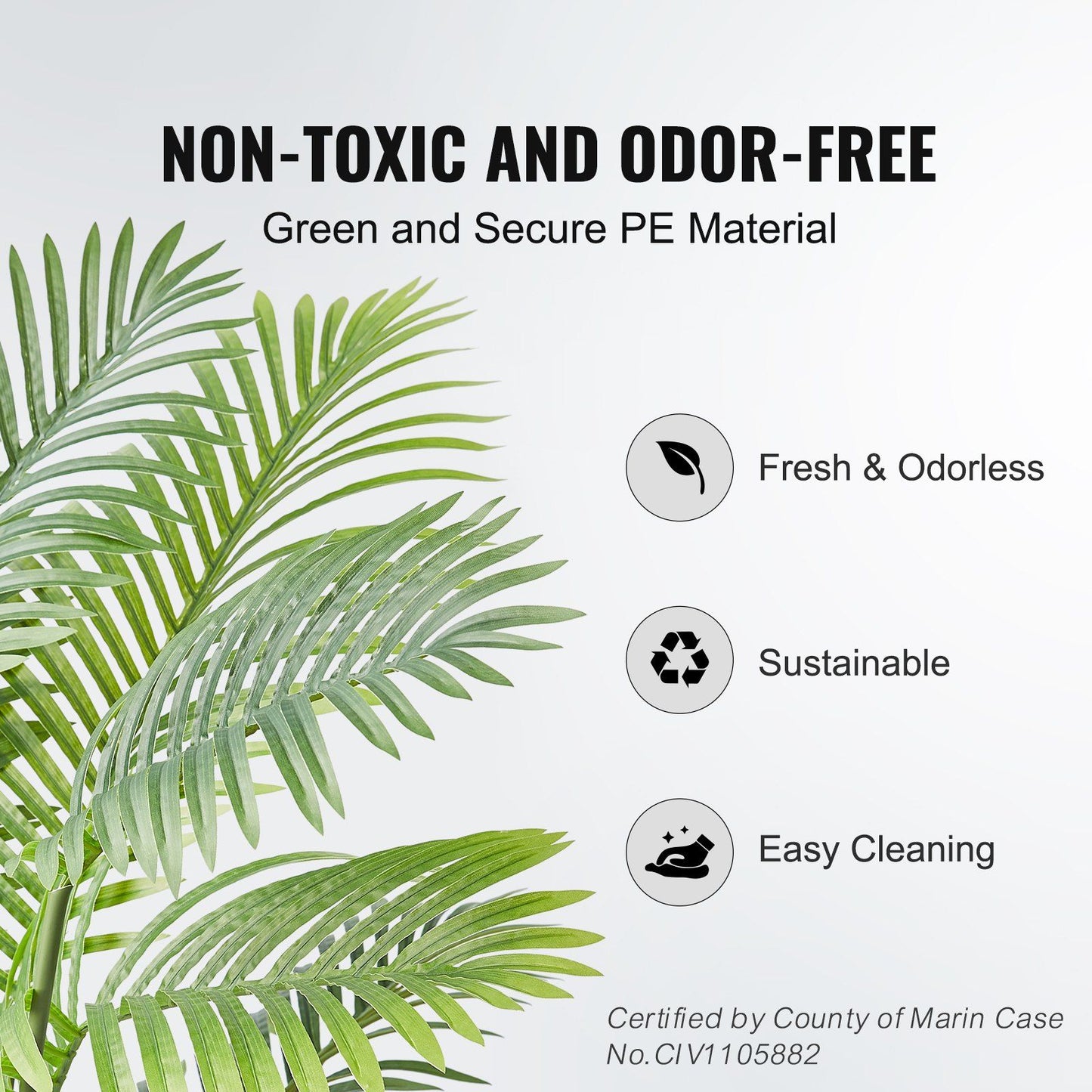 Close-up of 6ft artificial palm tree leaves made from non-toxic and odor-free green PE material