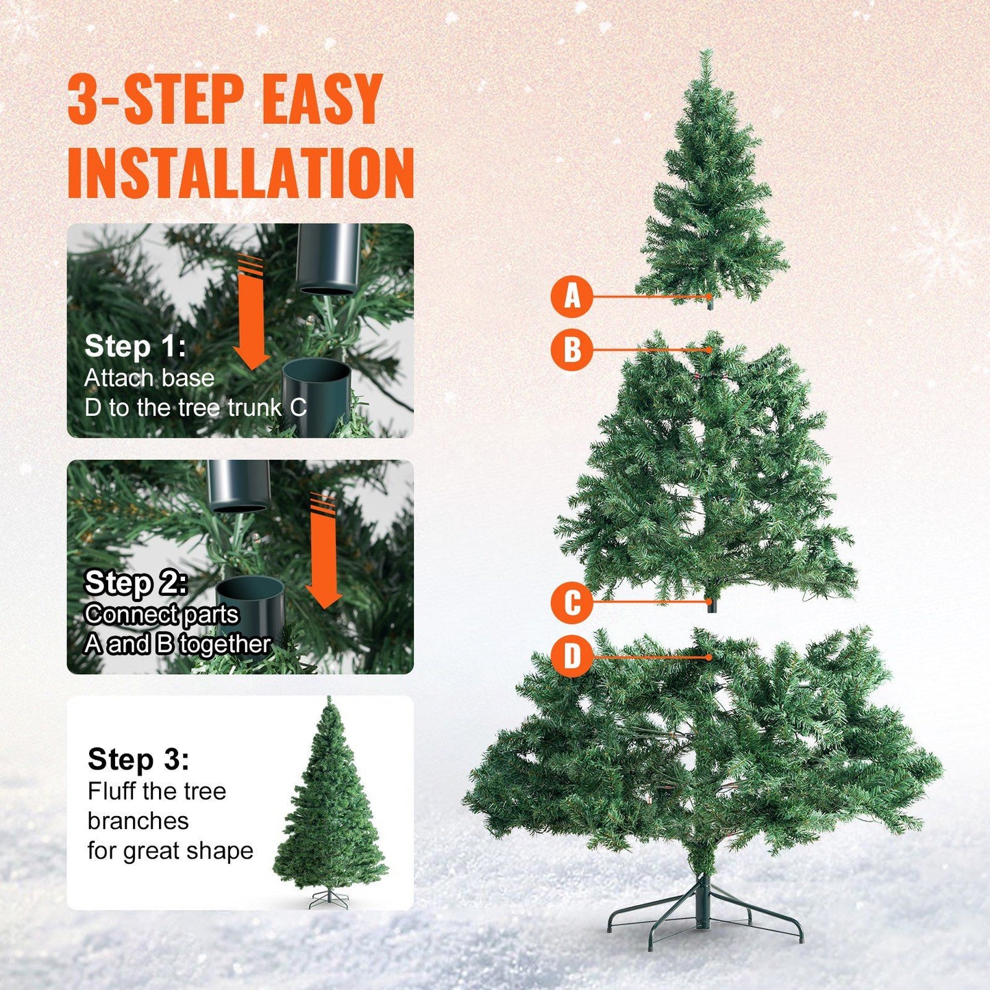 7.5 foot prelit Christmas tree with labeled parts for easy 3-step assembly and installation instructions