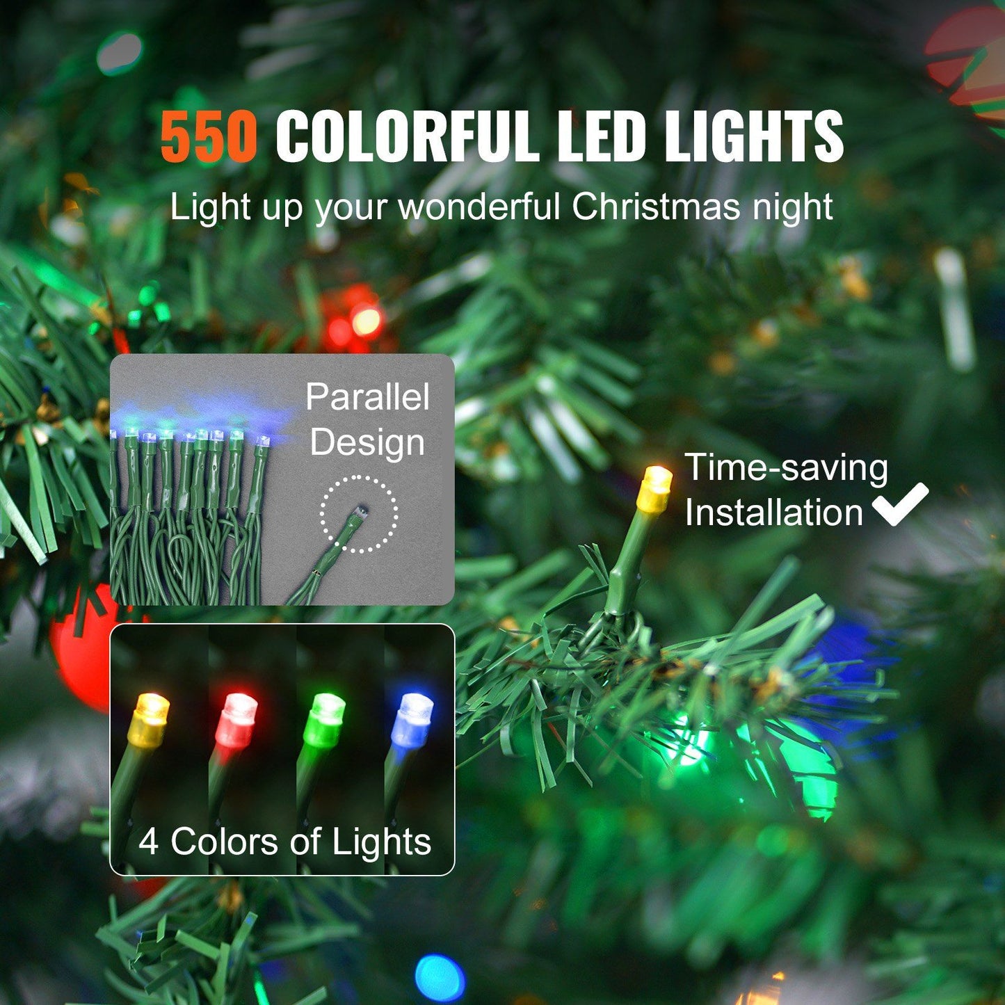 Close-up of 7.5 foot prelit Christmas tree with 550 colorful LED lights in red green yellow and blue