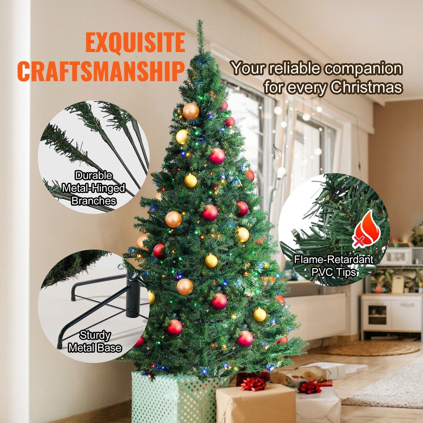 7.5 foot prelit Christmas tree with colorful ornaments and durable metal-hinged branches from FauxMart.com