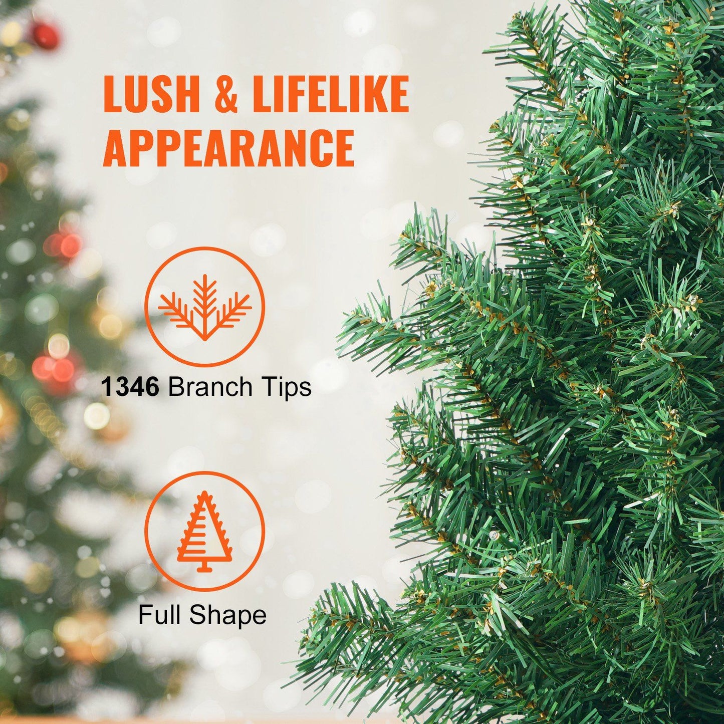 Close-up of 7.5 foot prelit Christmas tree branches showcasing lush and lifelike appearance with full shape