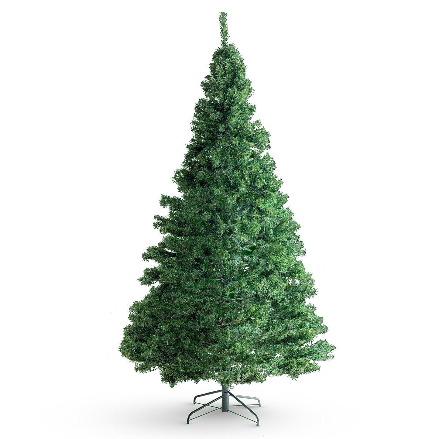 7.5 foot prelit Christmas tree with green branches on metal stand from FauxMart.com