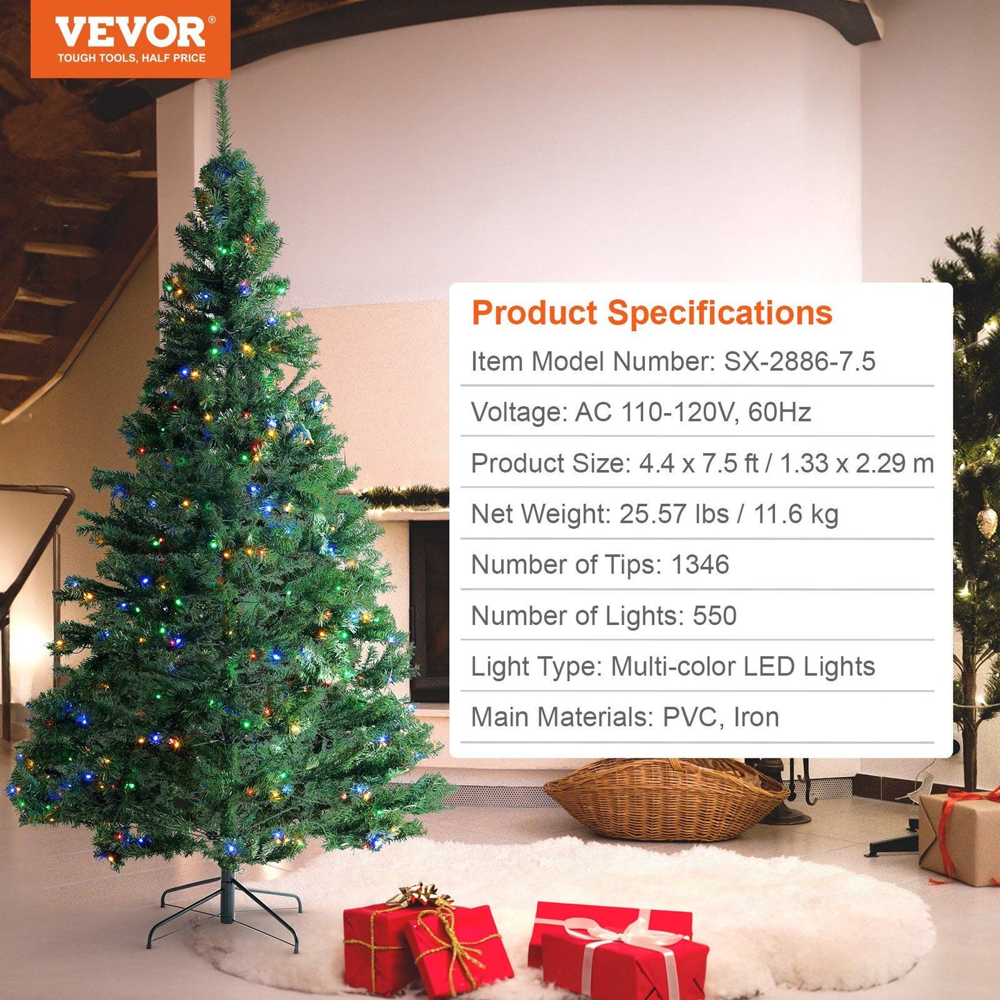 7.5 foot prelit Christmas tree with multi-color LED lights in a cozy living room setting