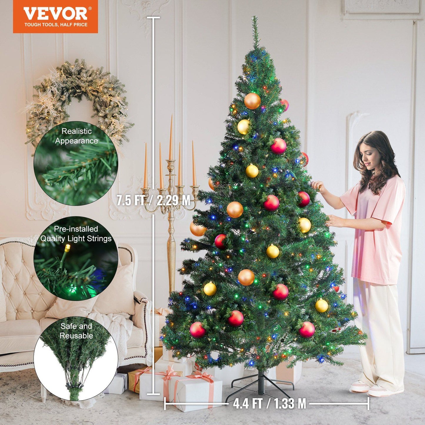 7.5 foot prelit Christmas tree with colorful ornaments and LED lights in a living room setting