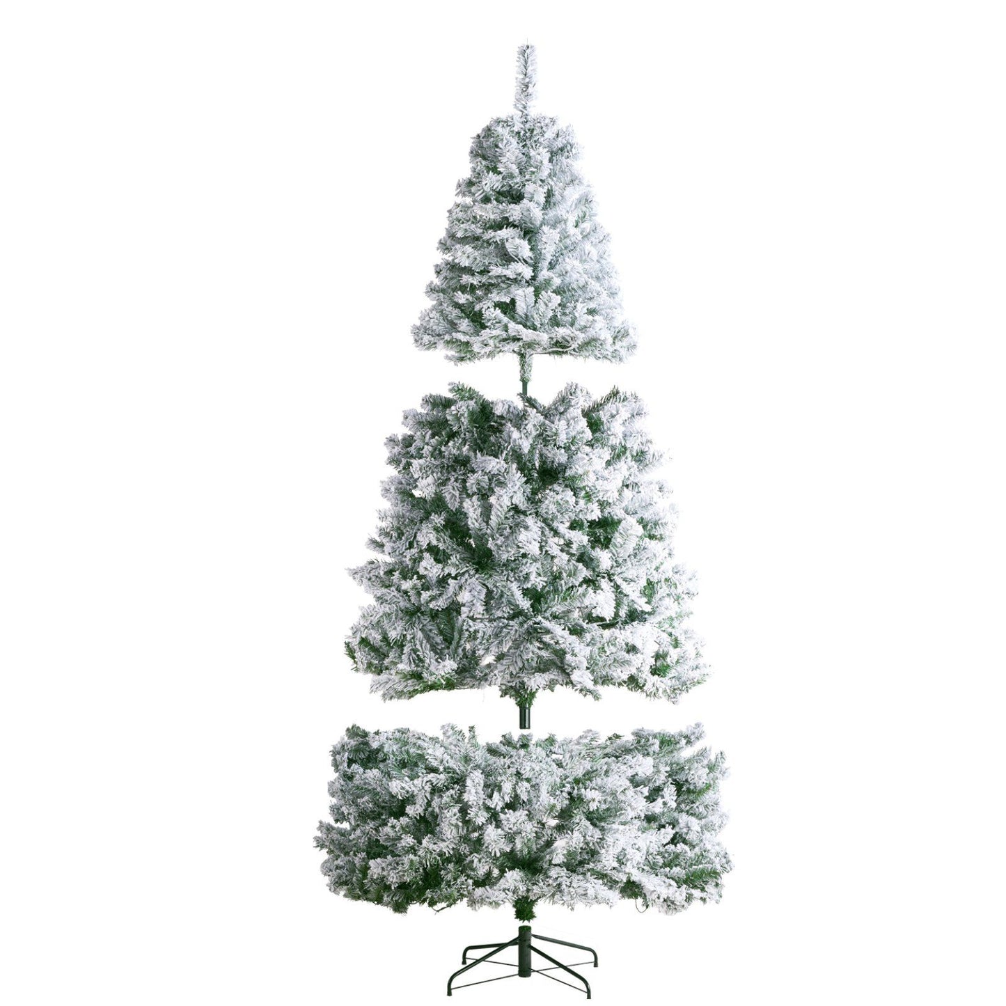 7.5 foot prelit flocked Christmas tree with snowy branches on metal stand by FauxMart.com