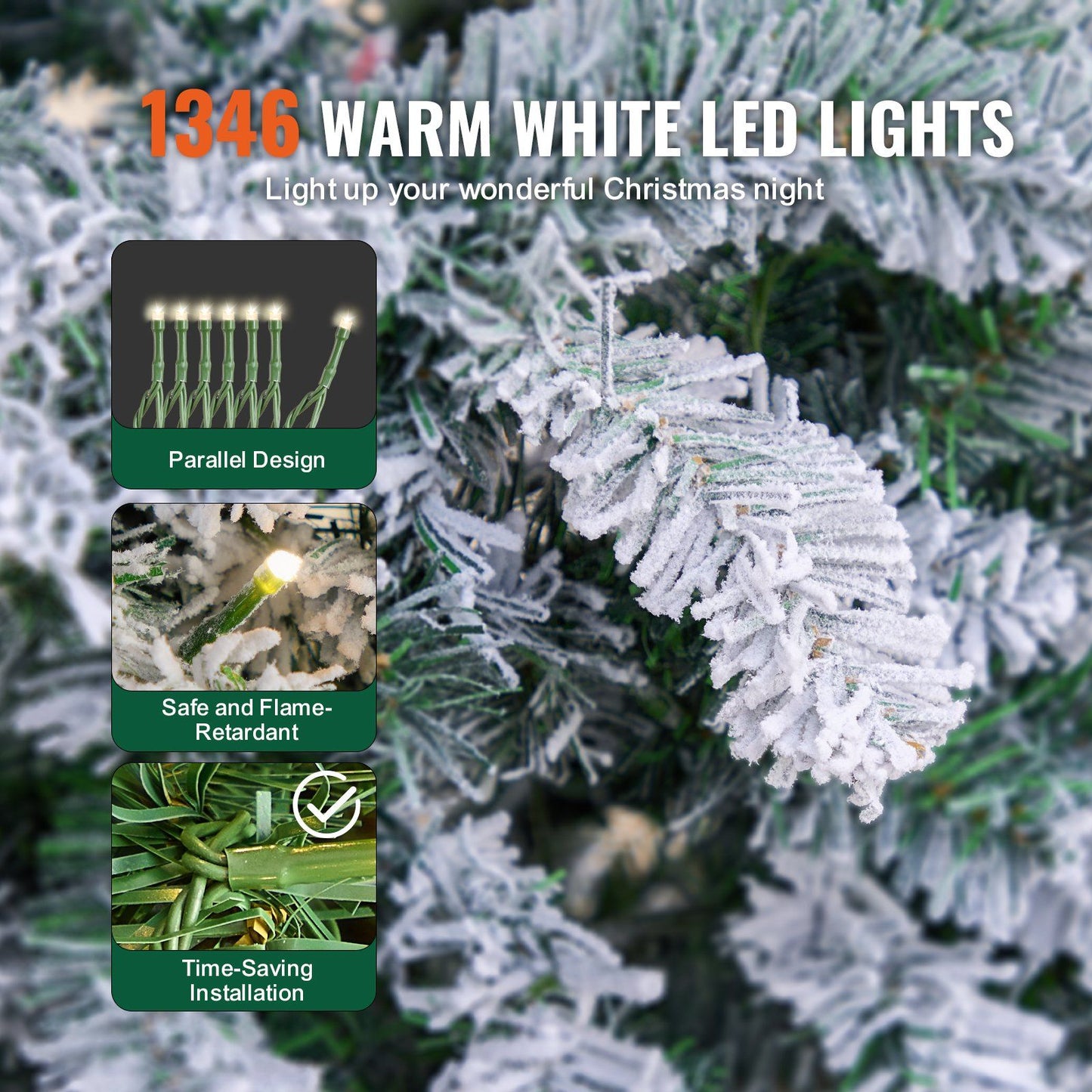 Close-up of 7.5 foot prelit flocked Christmas tree branches with 1346 warm white LED lights