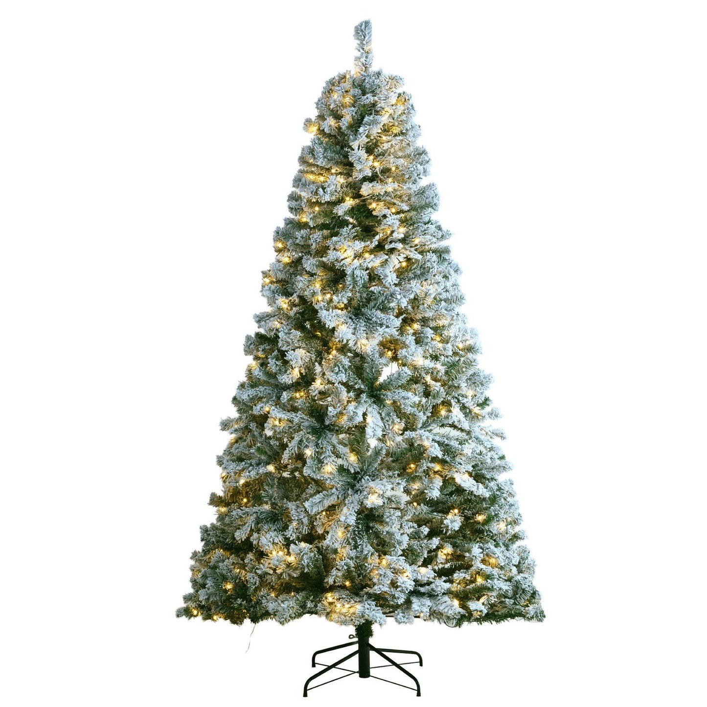 7.5 foot prelit flocked Christmas tree with white snow effect and warm white lights on metal stand
