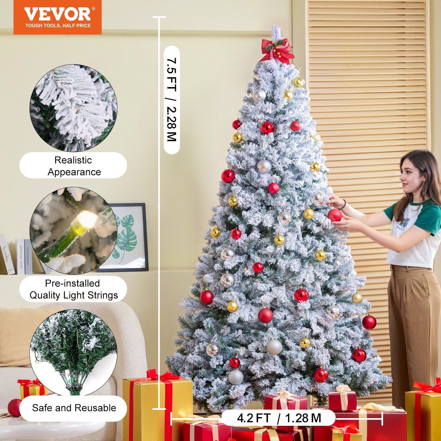 7.5 foot prelit flocked Christmas tree decorated with red and gold ornaments and gifts underneath