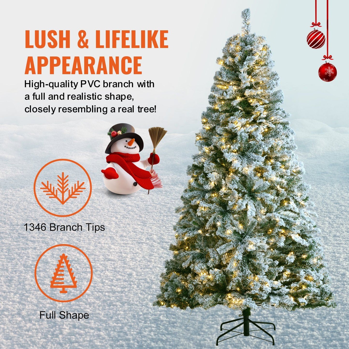 7.5 foot prelit flocked Christmas tree with lush PVC branches and 1346 branch tips for realistic full shape