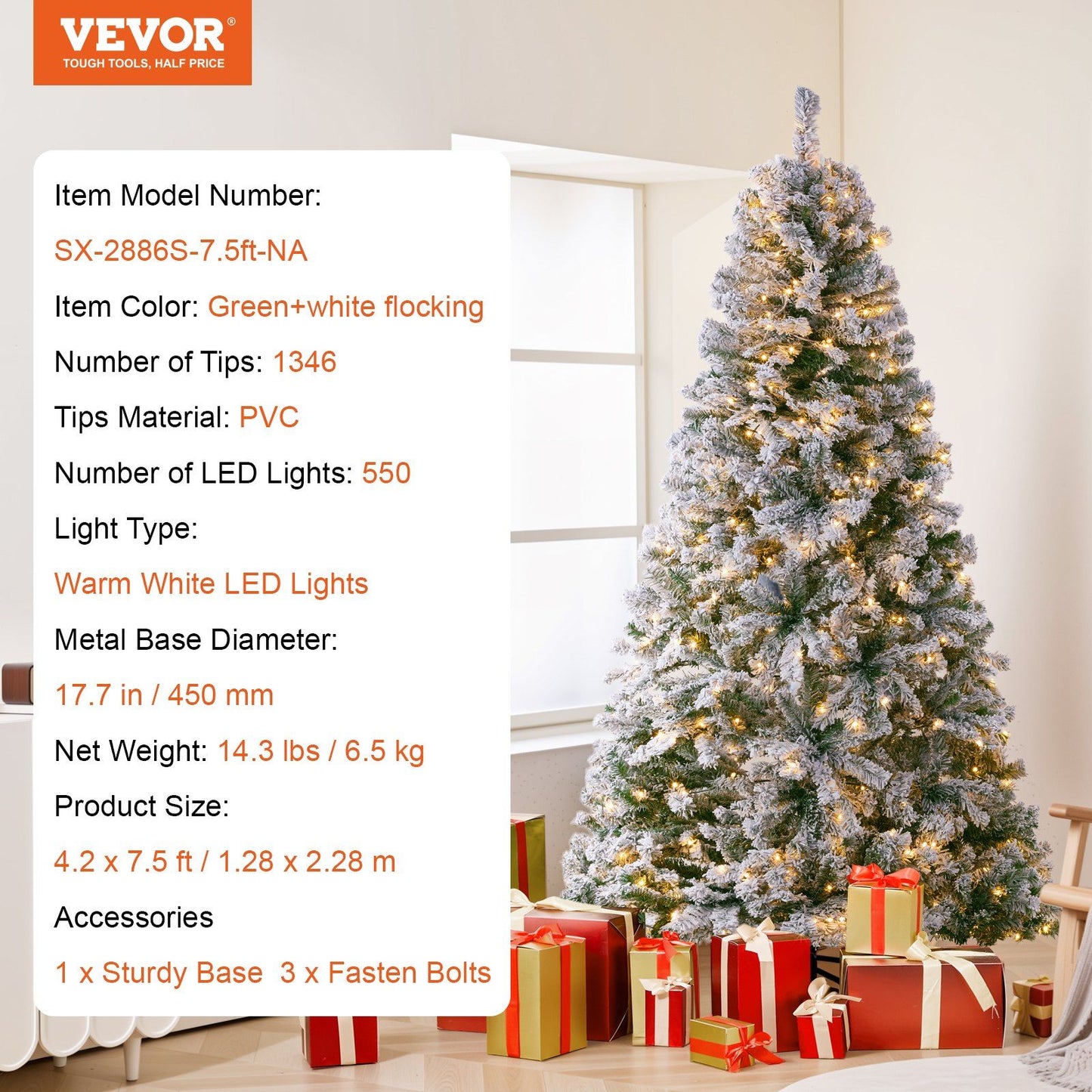 7.5 foot prelit flocked Christmas tree with warm white LED lights and green white flocking from FauxMart.com