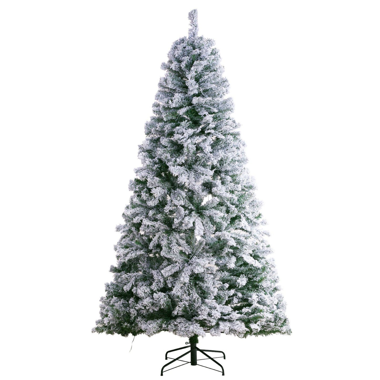 7.5 foot prelit flocked Christmas tree with snowy branches on a metal stand from FauxMart.com