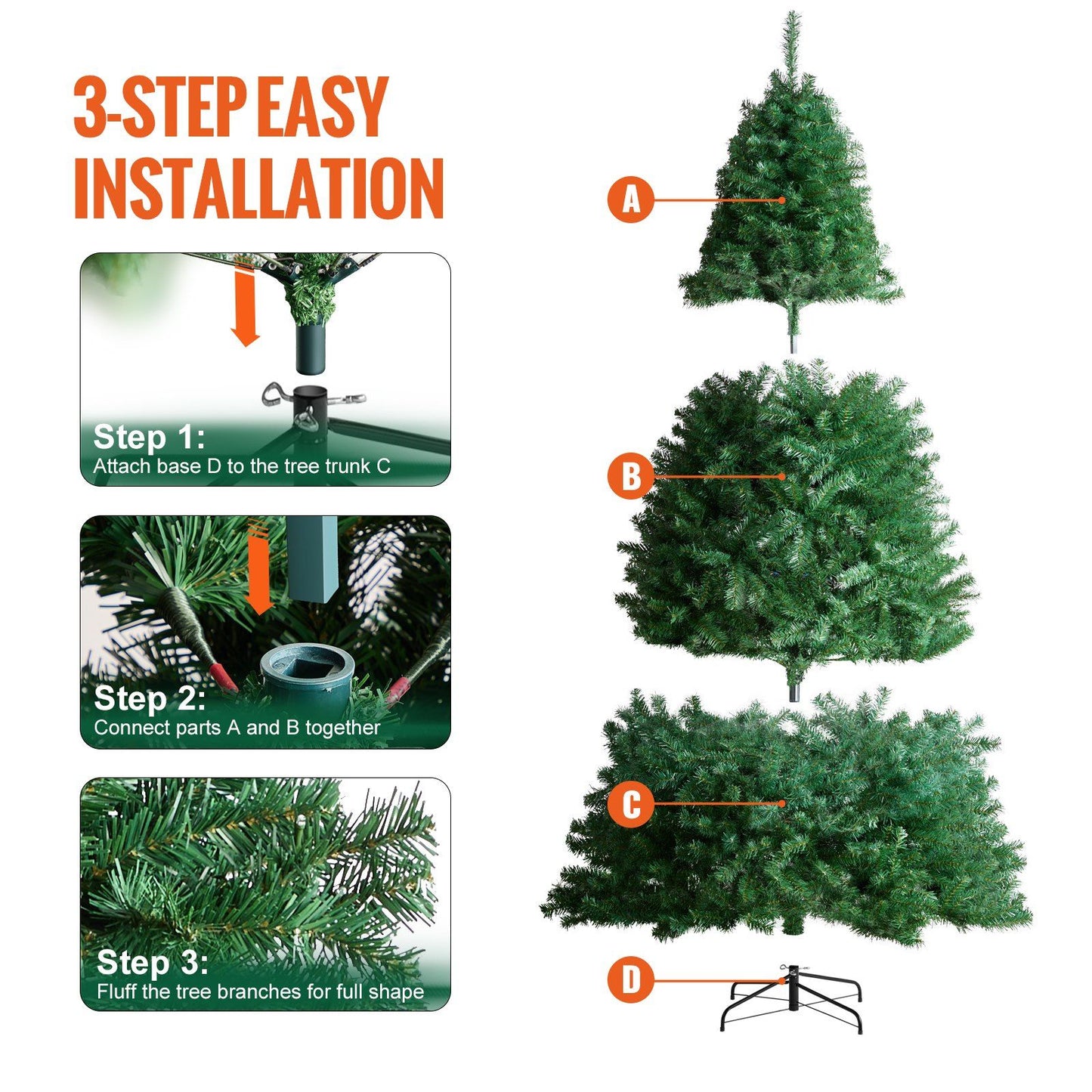 3-step easy installation guide for 7.5 ft artificial Christmas tree showing assembly of tree parts and base