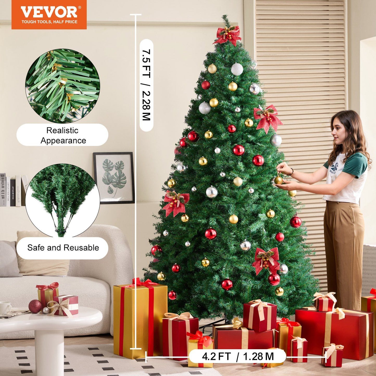 7.5 ft artificial Christmas tree decorated with red and gold ornaments next to wrapped gifts with a woman arranging decorations