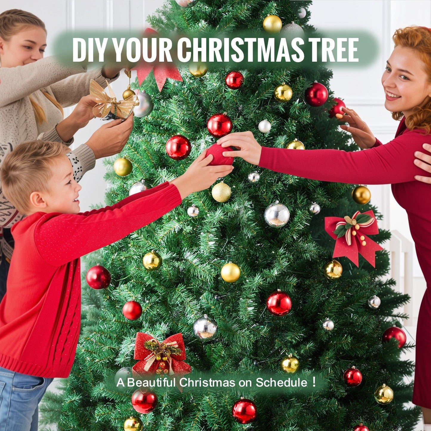 Family decorating a 7.5 ft artificial Christmas tree with red gold and silver ornaments