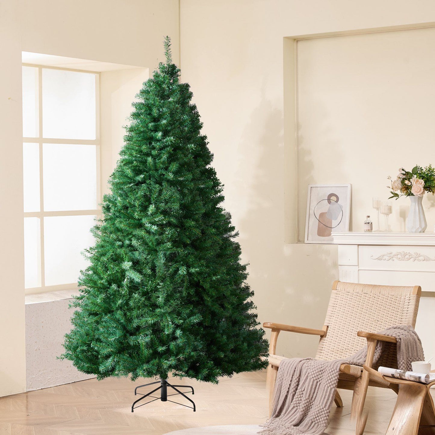 7.5 ft artificial Christmas tree with full green branches standing in a cozy living room setting