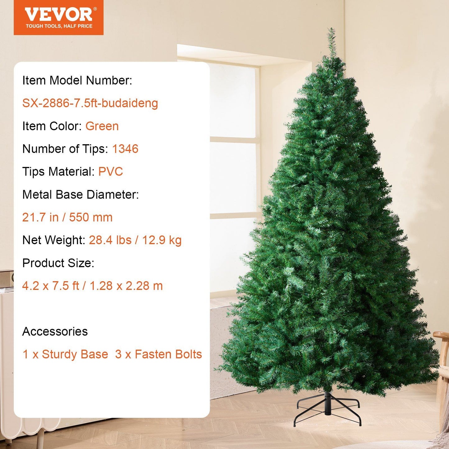 7.5 ft artificial Christmas tree in green with full PVC tips and sturdy metal base