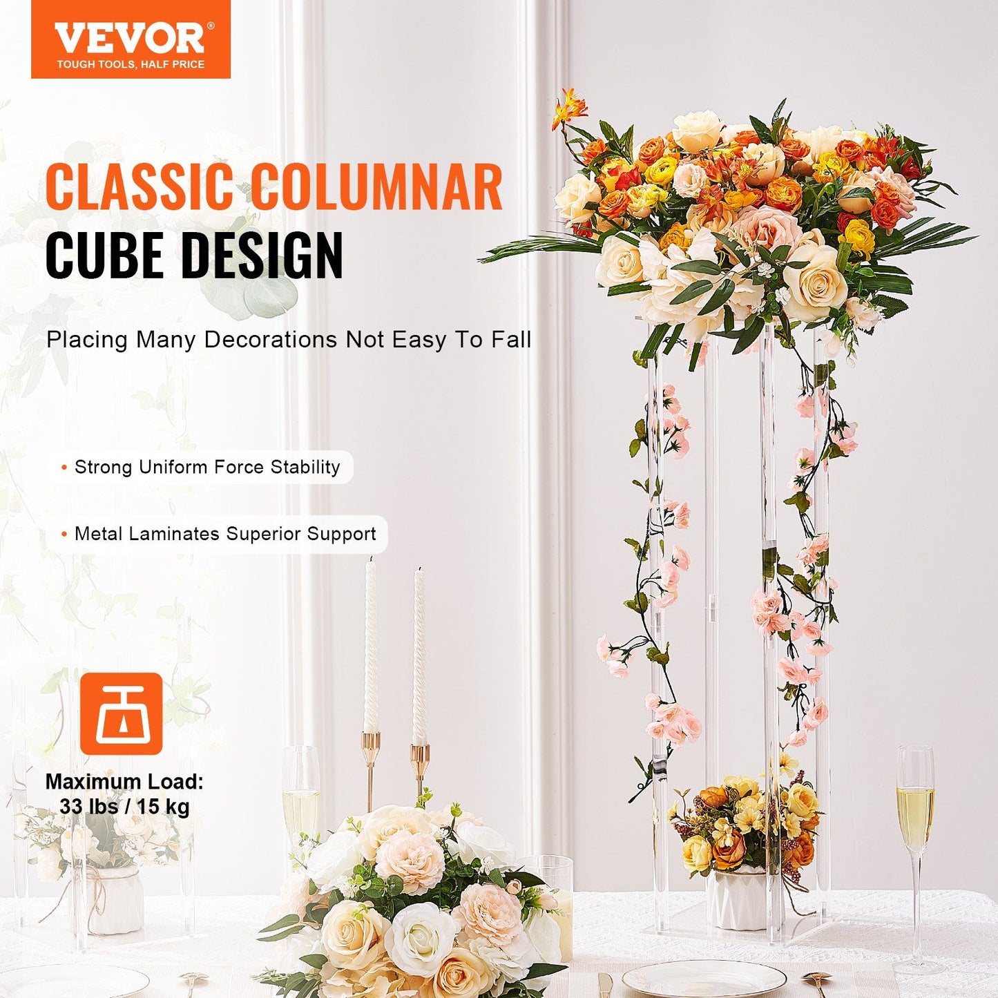 Clear acrylic wedding flower stands with classic columnar cube design holding vibrant floral arrangements
