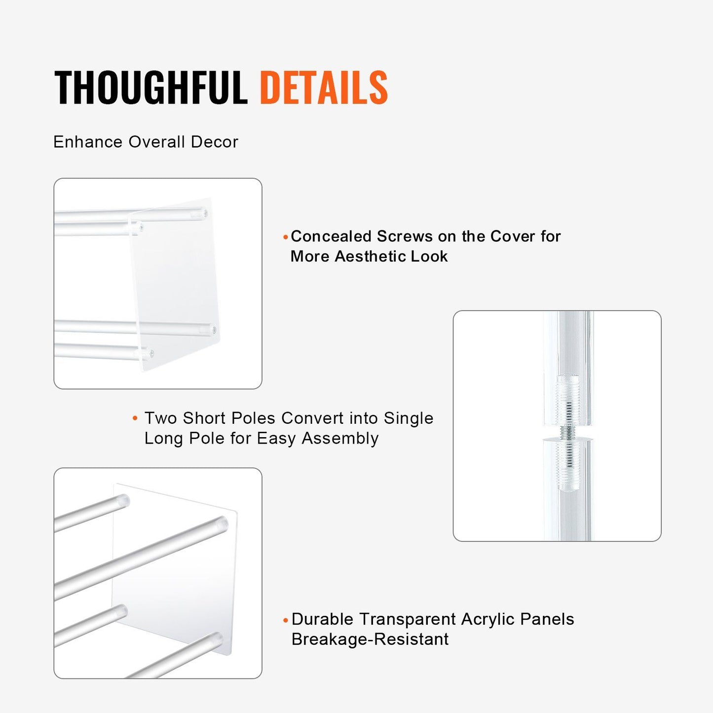 Detailed close-up views of acrylic wedding flower stands showing concealed screws durable transparent panels and easy assembly poles