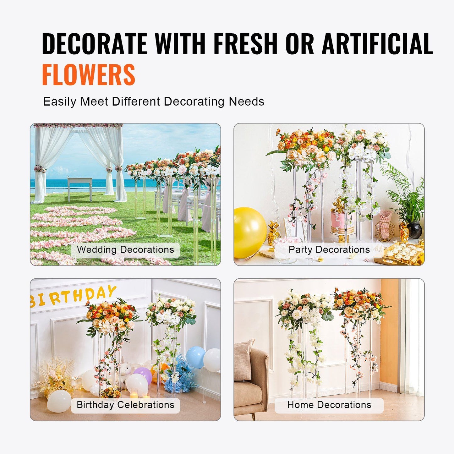 Acrylic wedding flower stands decorated with fresh or artificial flowers for weddings parties birthdays and home decor