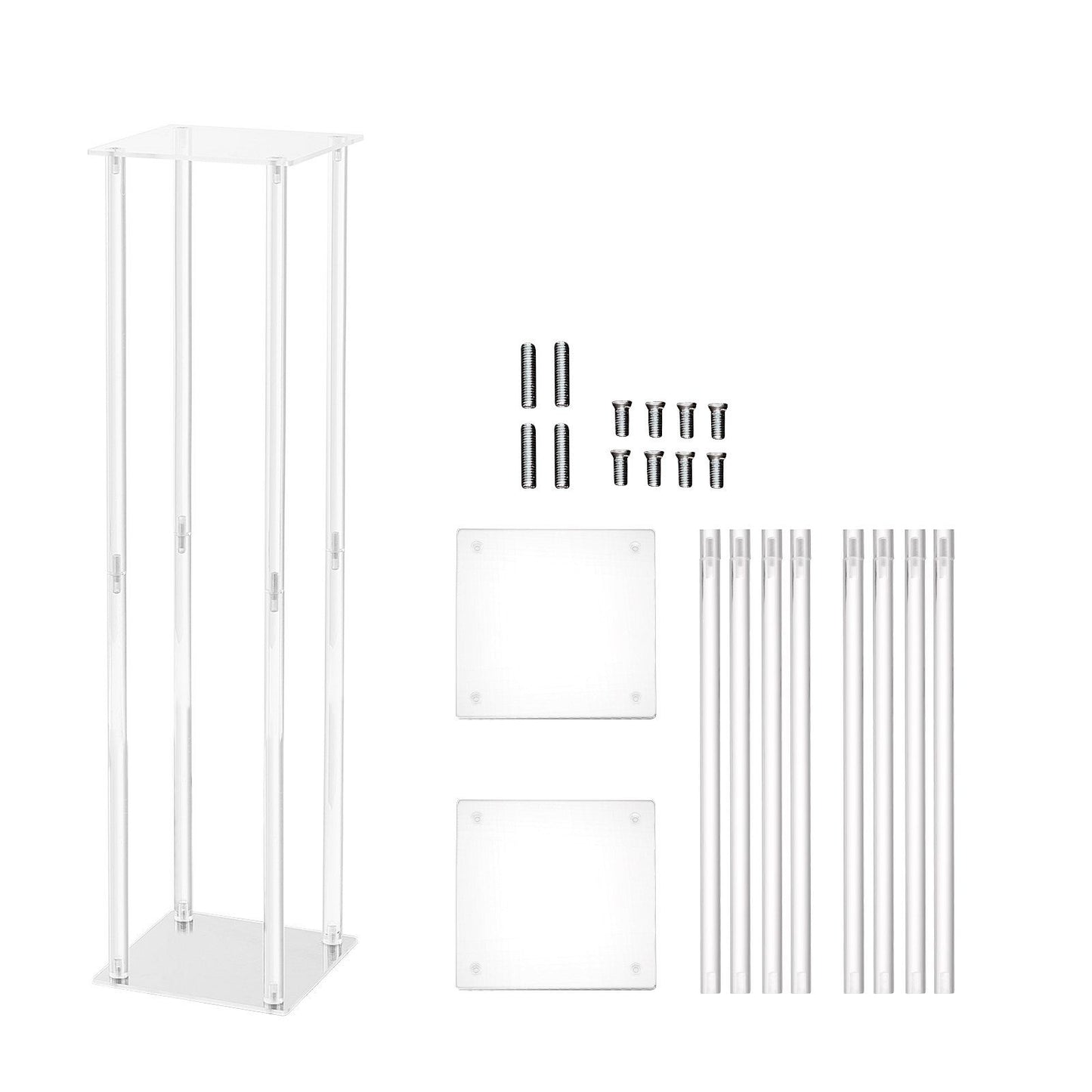 Clear acrylic wedding flower stands kit with square bases and rods for easy assembly