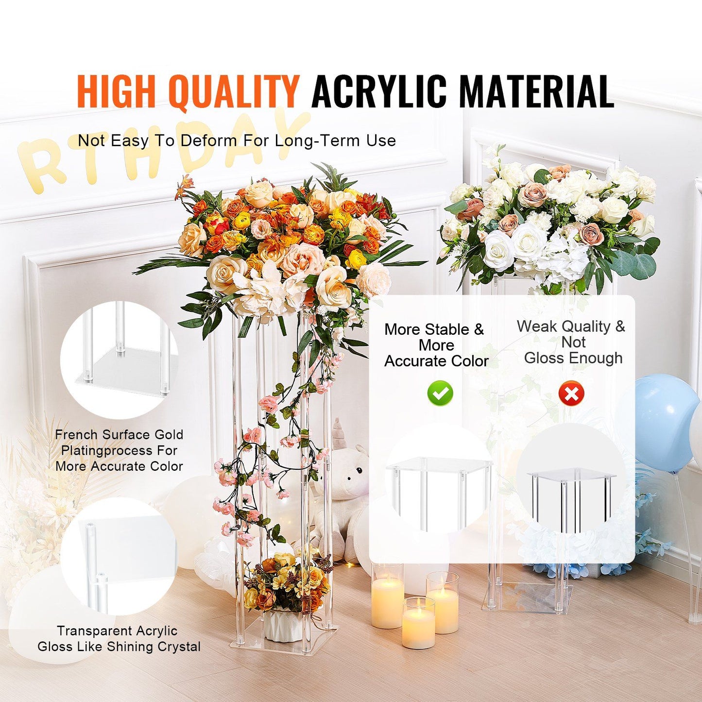 High quality acrylic wedding flower stands with transparent crystal gloss and gold plating accents