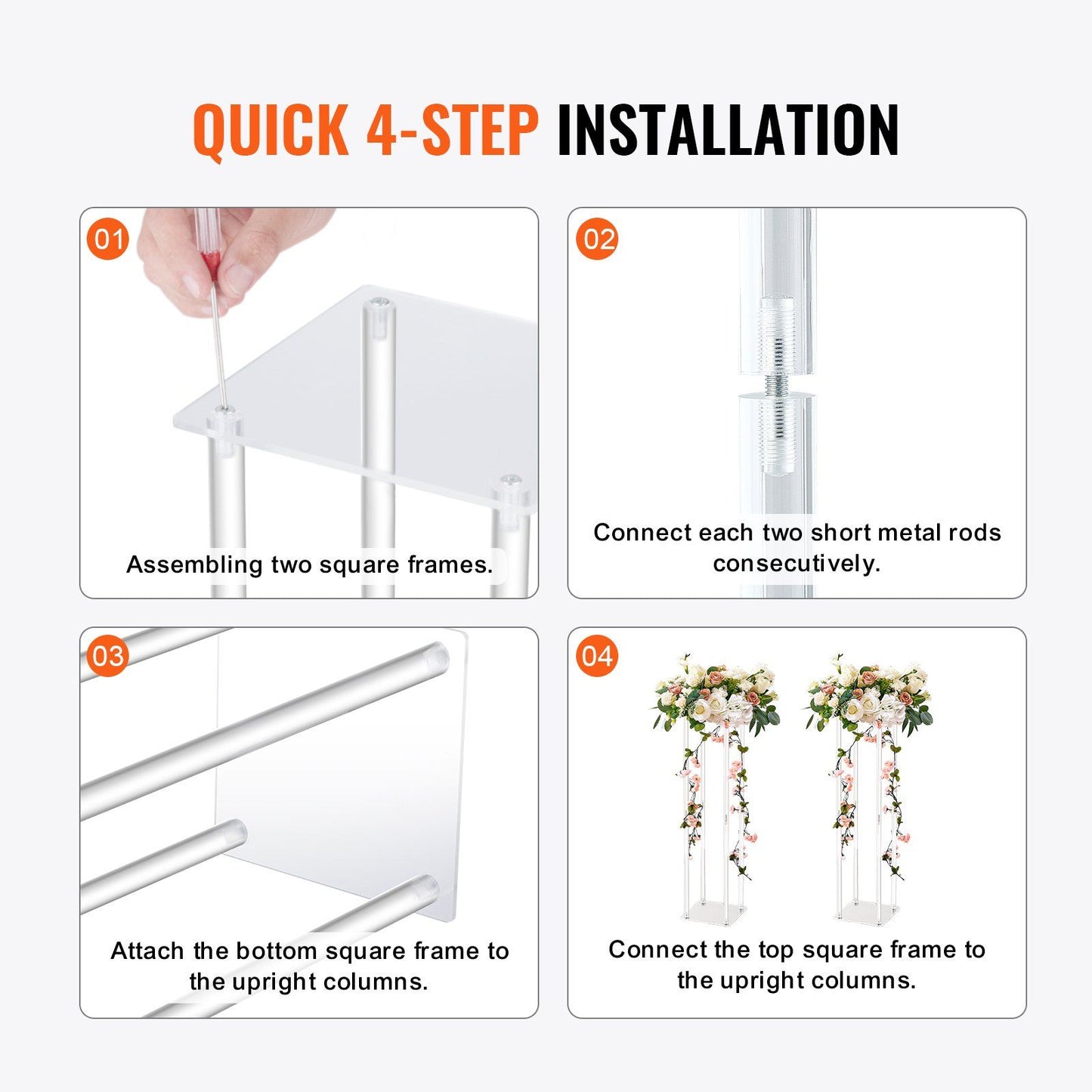 Step-by-step quick 4-step installation guide for acrylic wedding flower stands with metal rods and square frames