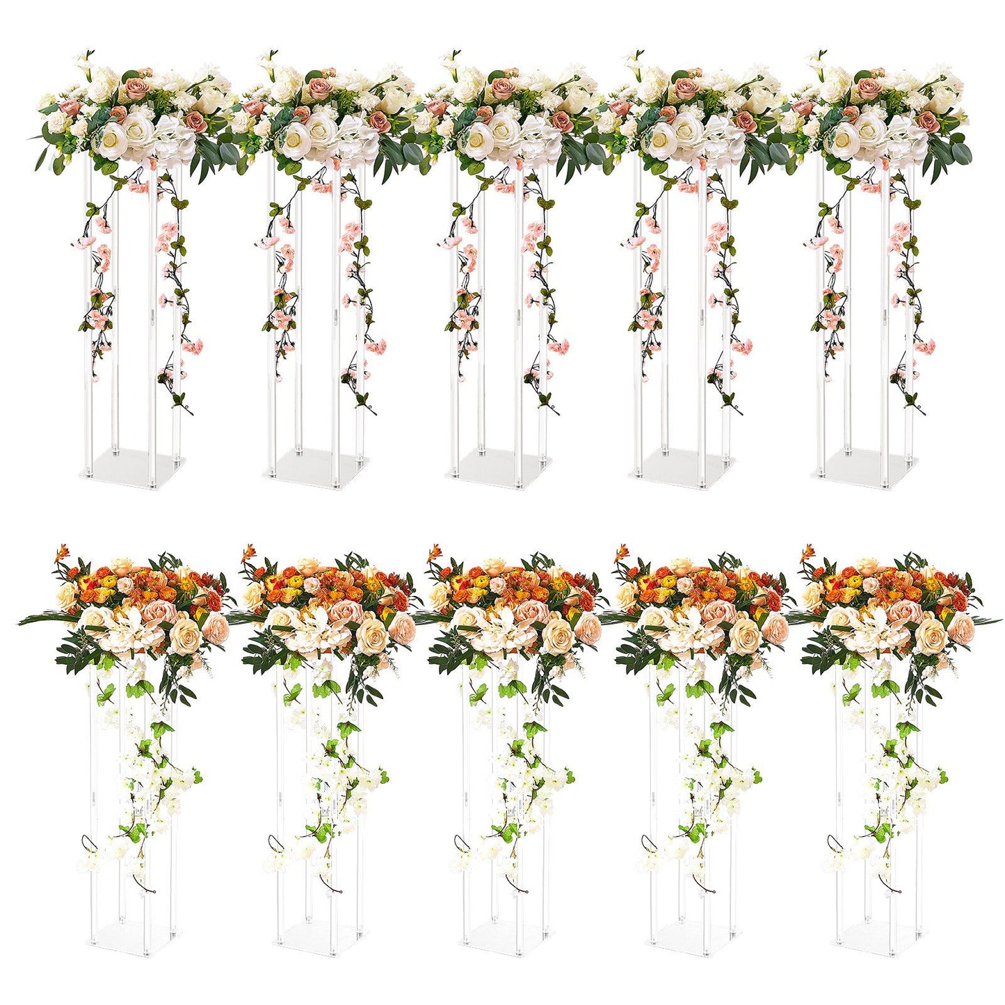 Set of acrylic wedding flower stands with elegant white and orange floral arrangements for wedding decor