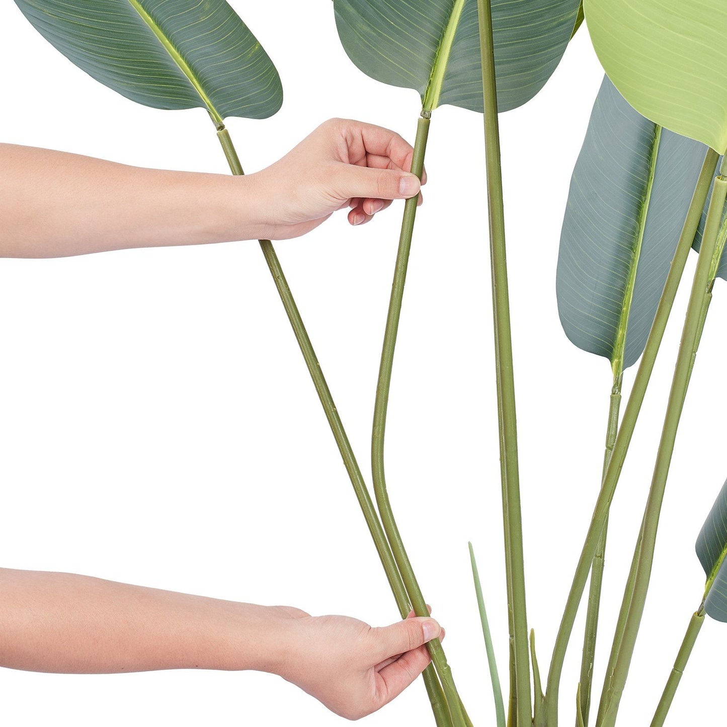 Hands adjusting green leaves on an artificial birds of paradise tree by FauxMart.com