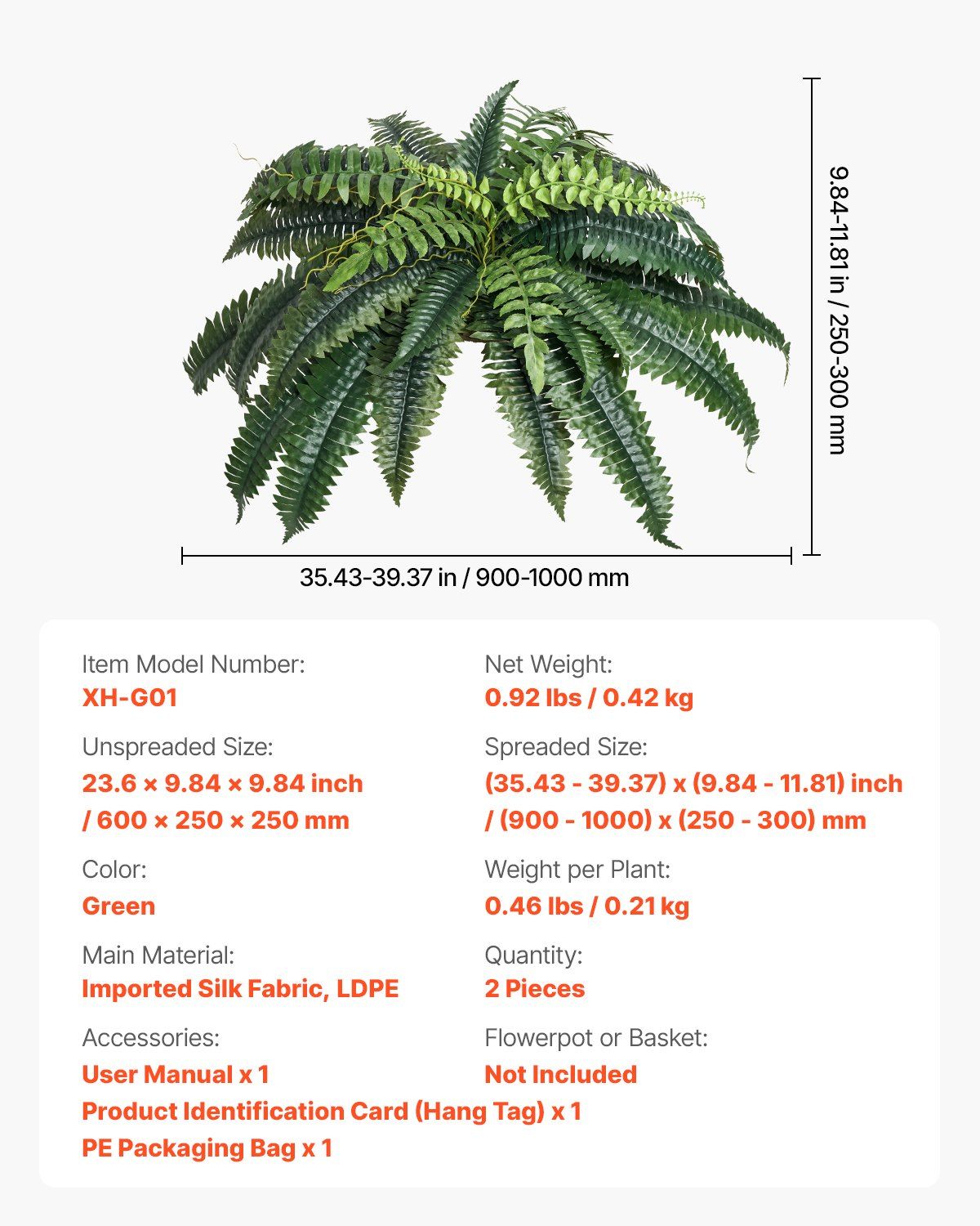 Artificial Boston fern set with lush green leaves and realistic texture measuring up to 39 inches wide