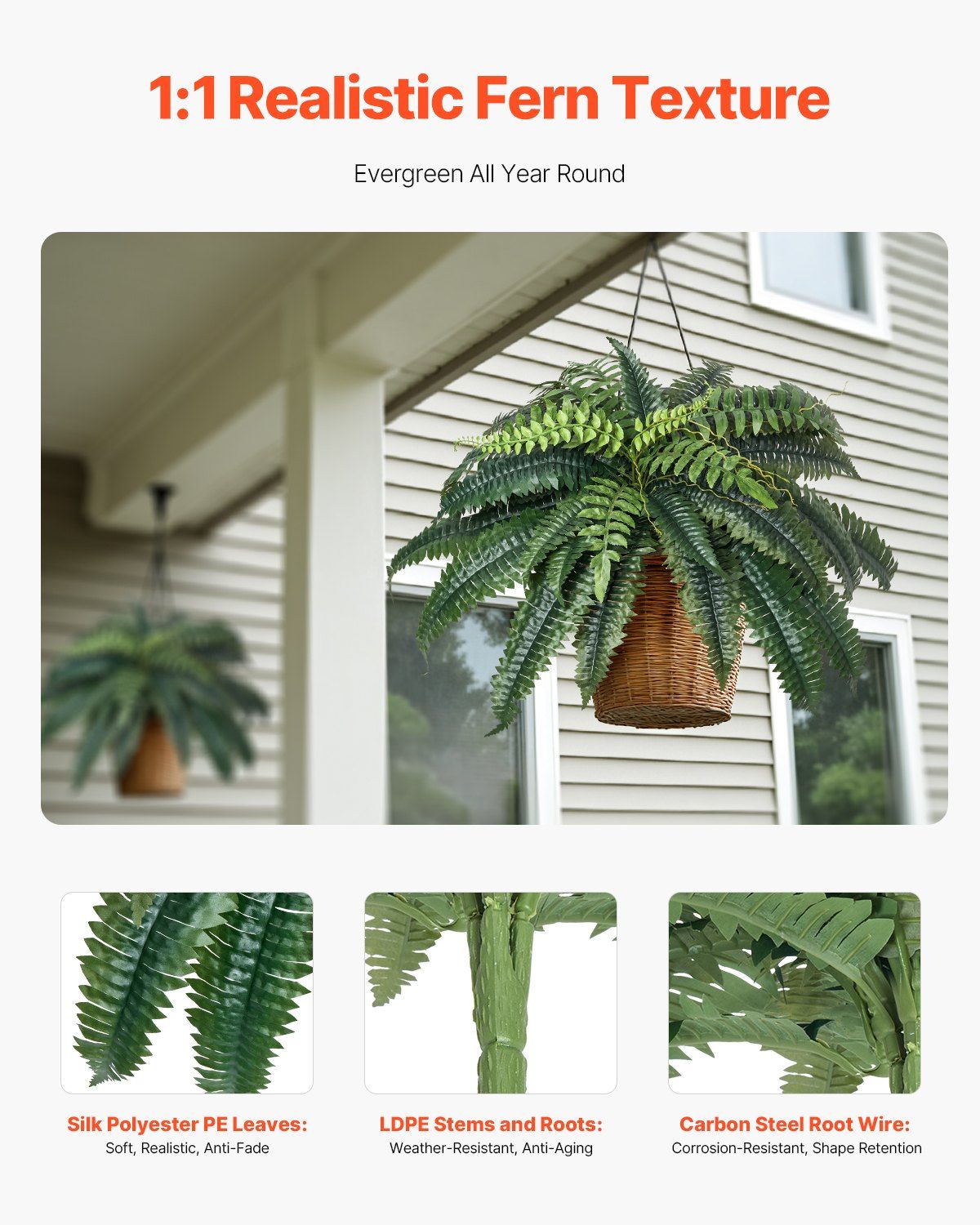 Artificial Boston fern set with realistic silk polyester leaves hanging in woven basket outdoors