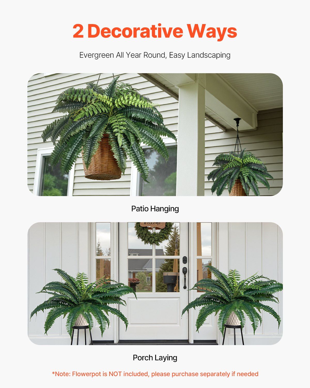 Artificial Boston fern set displayed in patio hanging baskets and on porch stands for year-round evergreen decor