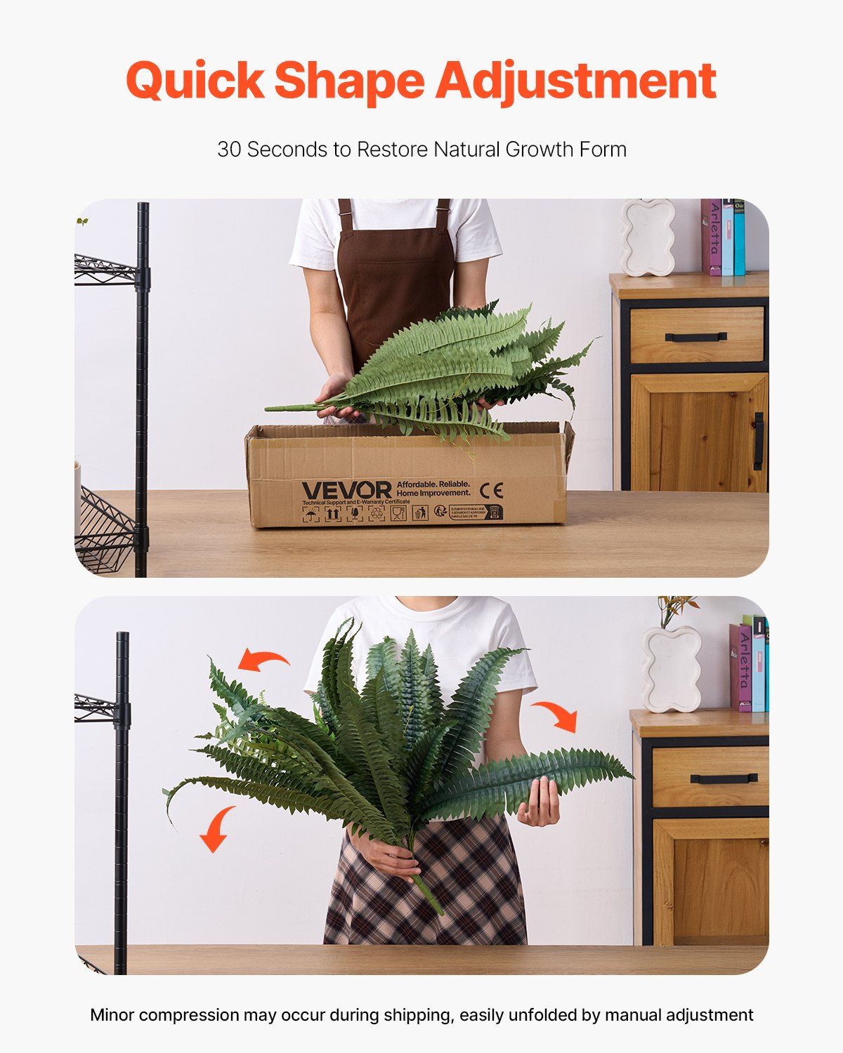 Person adjusting artificial Boston fern set leaves to restore natural growth from a boxed delivery