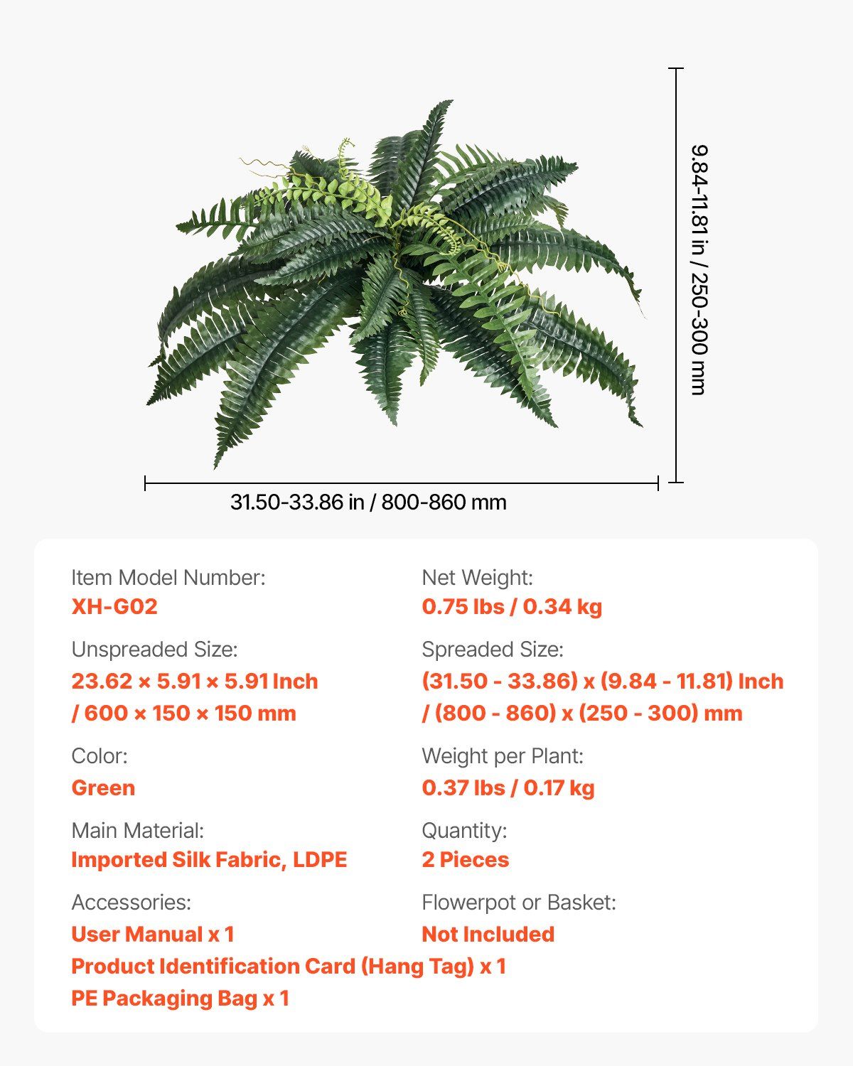 Artificial Boston ferns set with lush green leaves measuring 31.5 to 33.86 inches wide and 9.84 to 11.81 inches tall