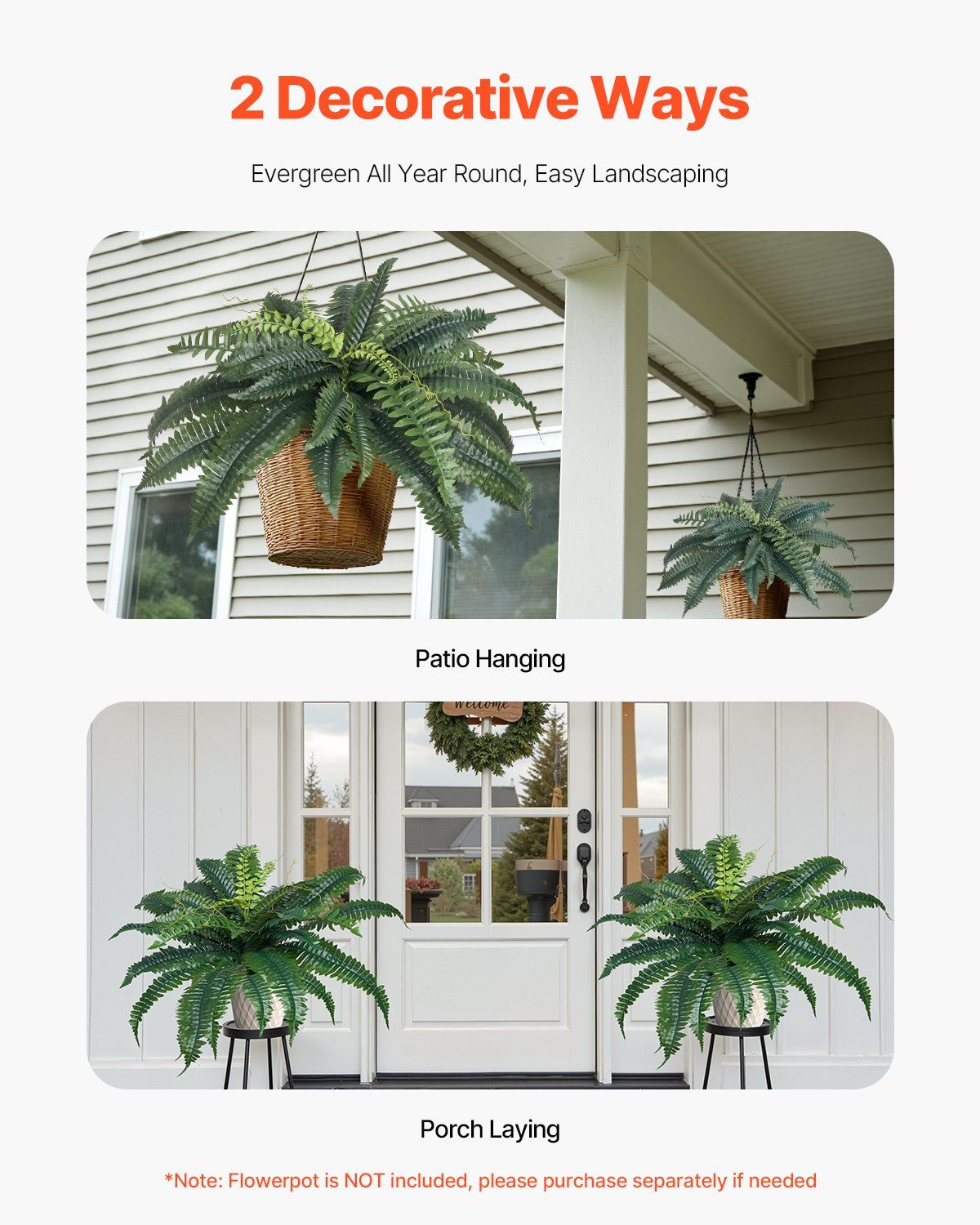 Artificial Boston ferns set displayed in patio hanging baskets and on porch stands for easy year-round landscaping