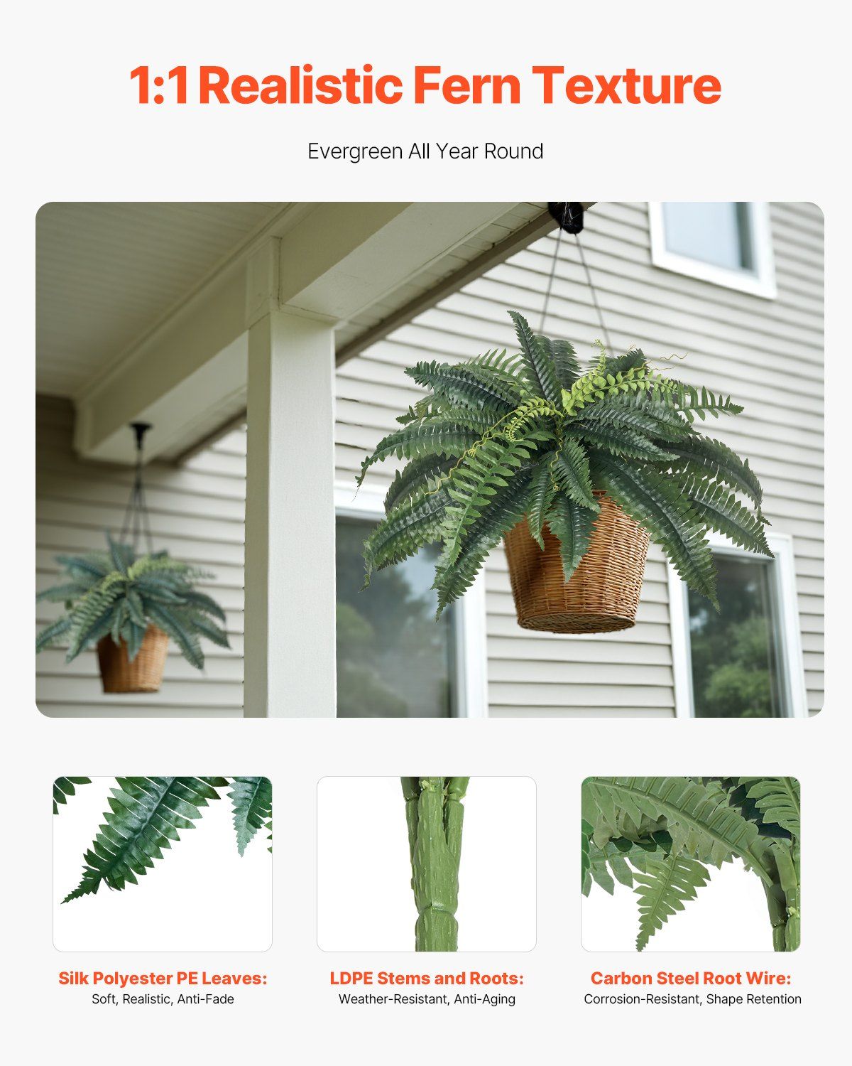 Artificial Boston ferns set with realistic texture and hanging brown basket for year-round evergreen decor
