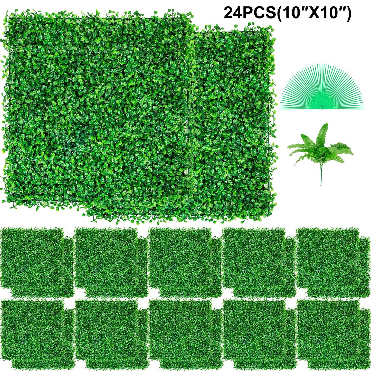 Set of 24 artificial boxwood hedge panels 10 by 10 inches with lush green leaves for decorative privacy walls
