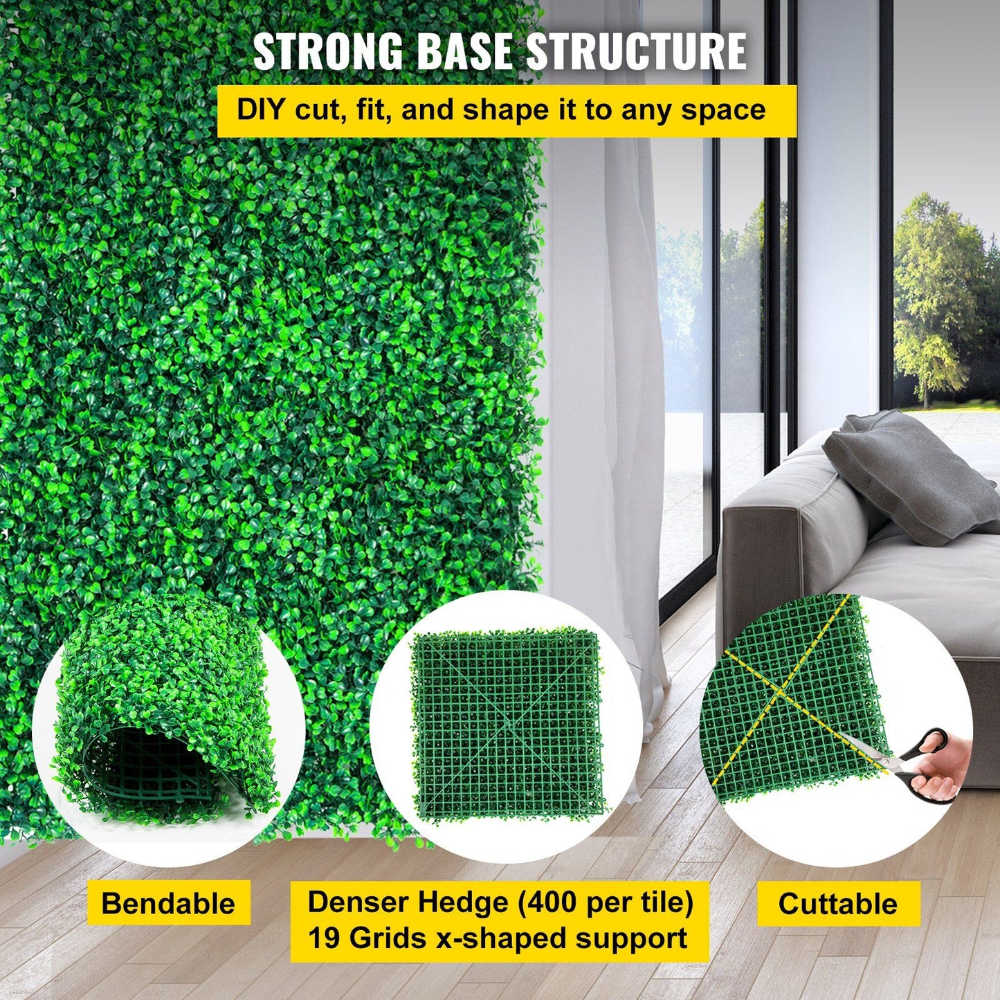 Artificial boxwood hedge panels showing dense green foliage with bendable and cuttable features for customizable DIY wall coverage