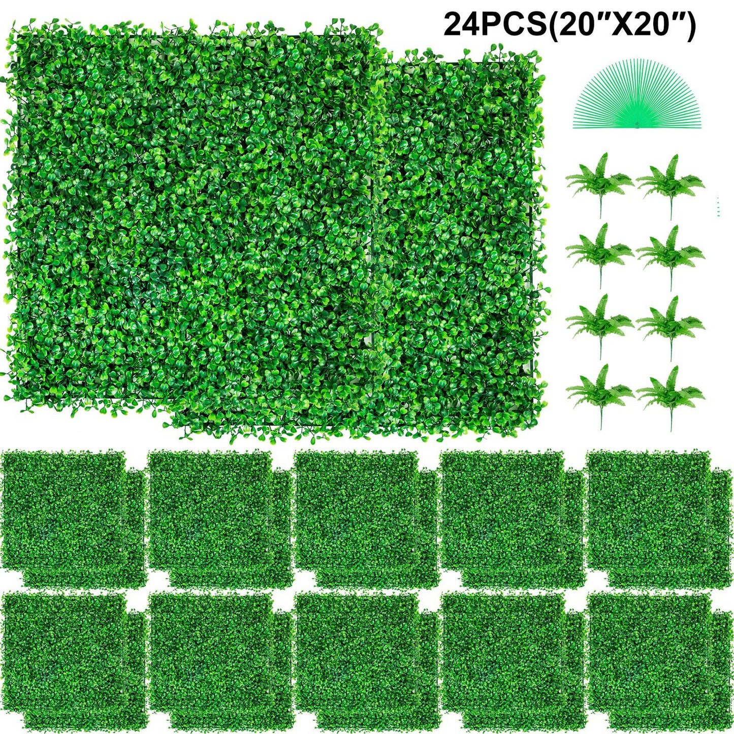 Pack of 24 artificial boxwood hedge panels 20 by 20 inches with dense green leaves for privacy and decoration