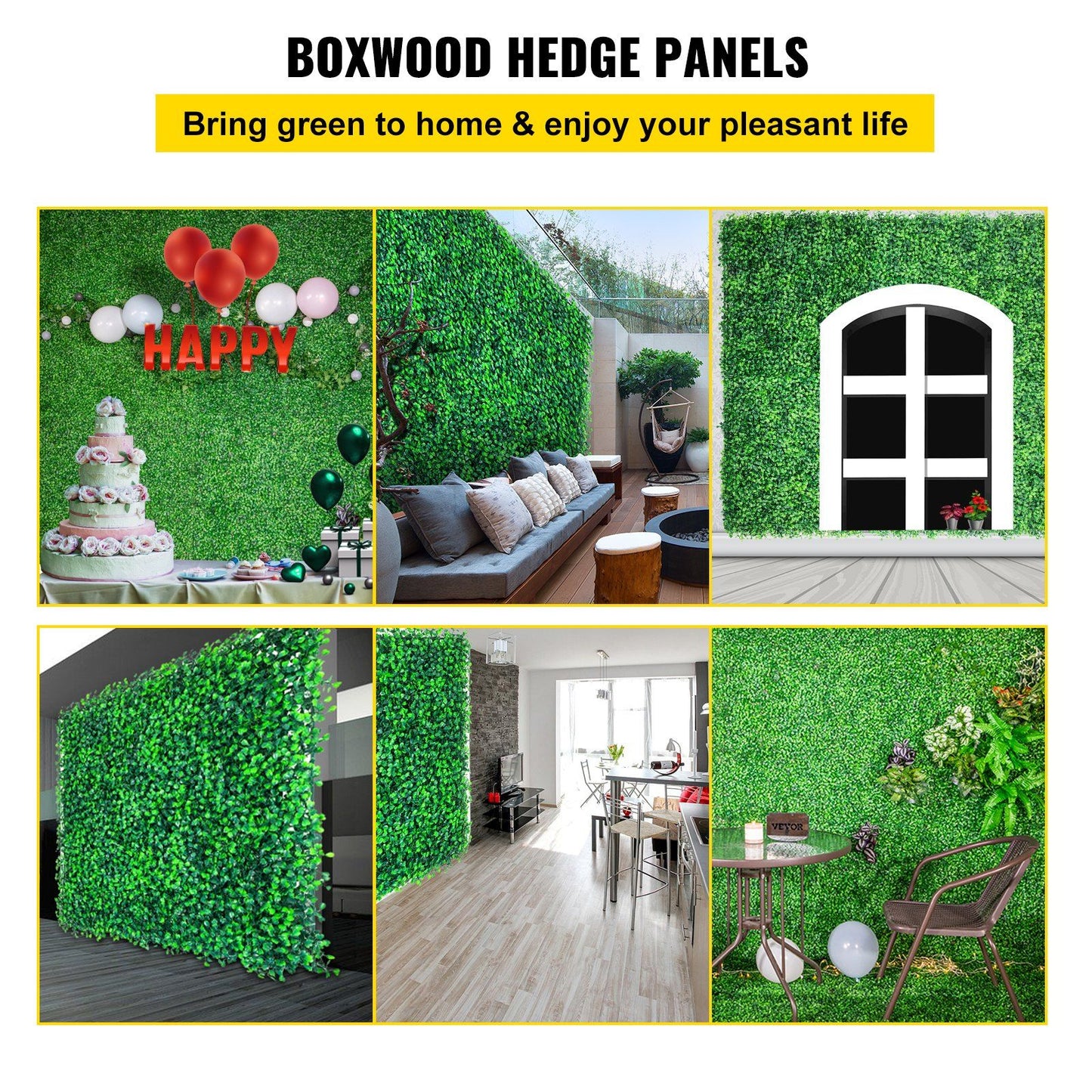 Artificial boxwood hedge panels used as vibrant green wall decor in indoor and outdoor spaces