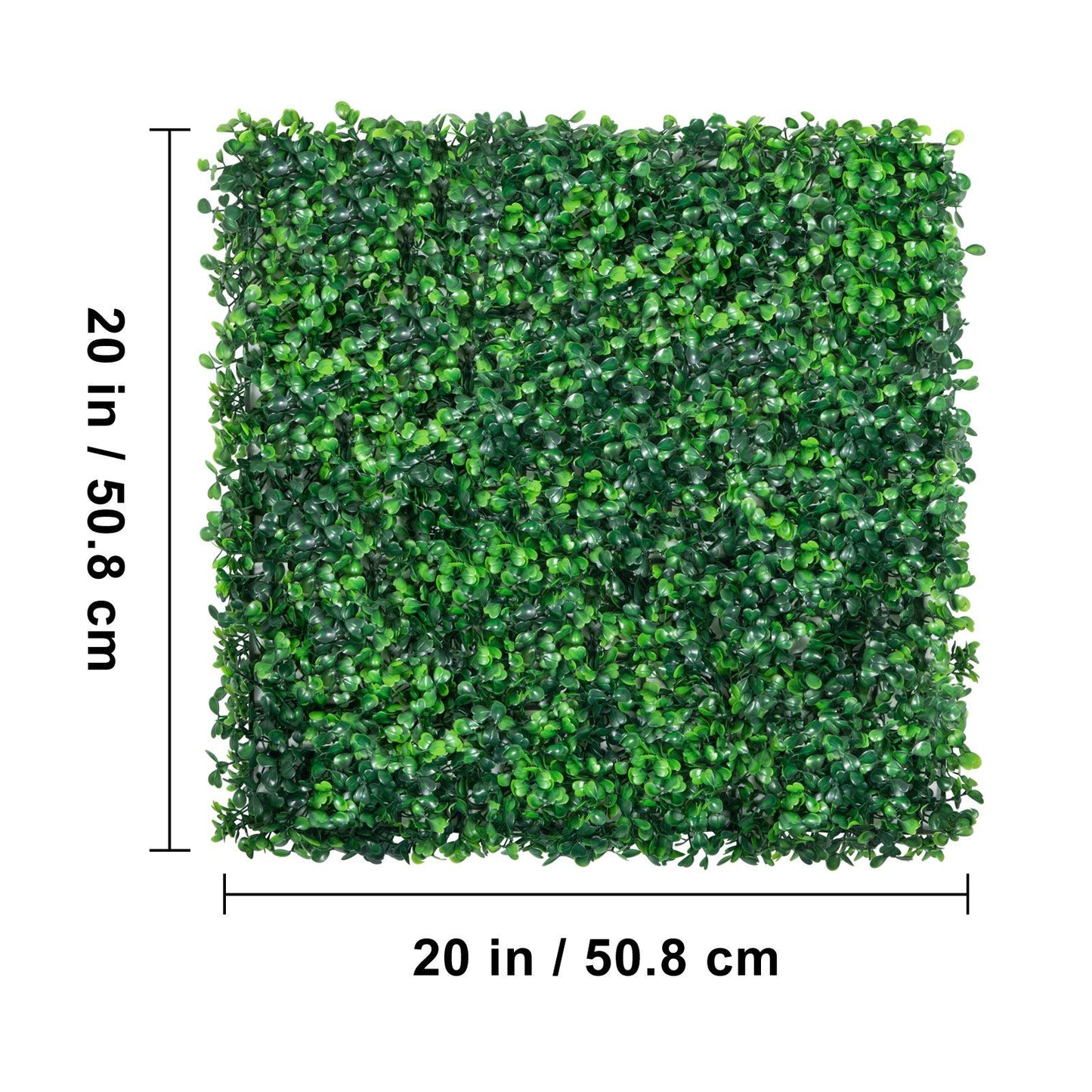 20 inch by 20 inch artificial boxwood hedge panels with dense green leaves for decorative privacy walls