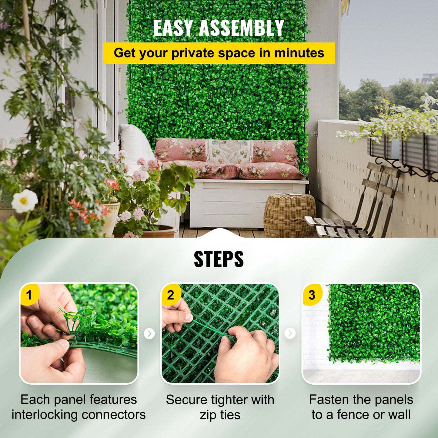 Easy assembly of artificial boxwood hedge panels with interlocking connectors and zip ties on balcony wall