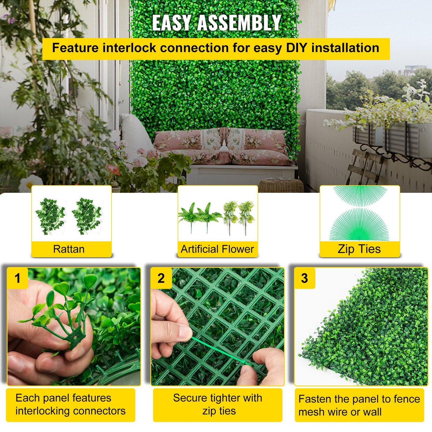 Artificial boxwood hedge panels with interlock connectors and zip ties for easy DIY installation on fences and walls