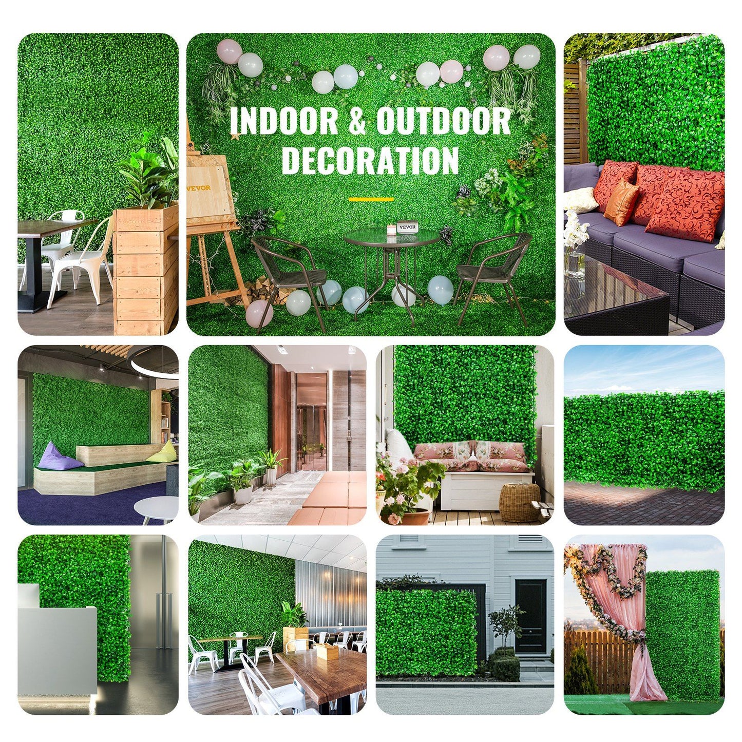 Artificial boxwood hedge panels used for indoor and outdoor decoration in various seating and garden areas