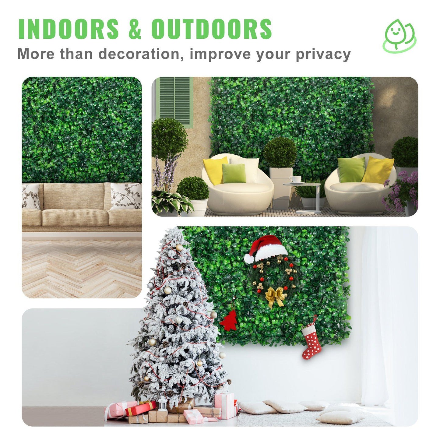 Artificial boxwood hedge panels used indoors and outdoors for privacy and decorative green wall accents