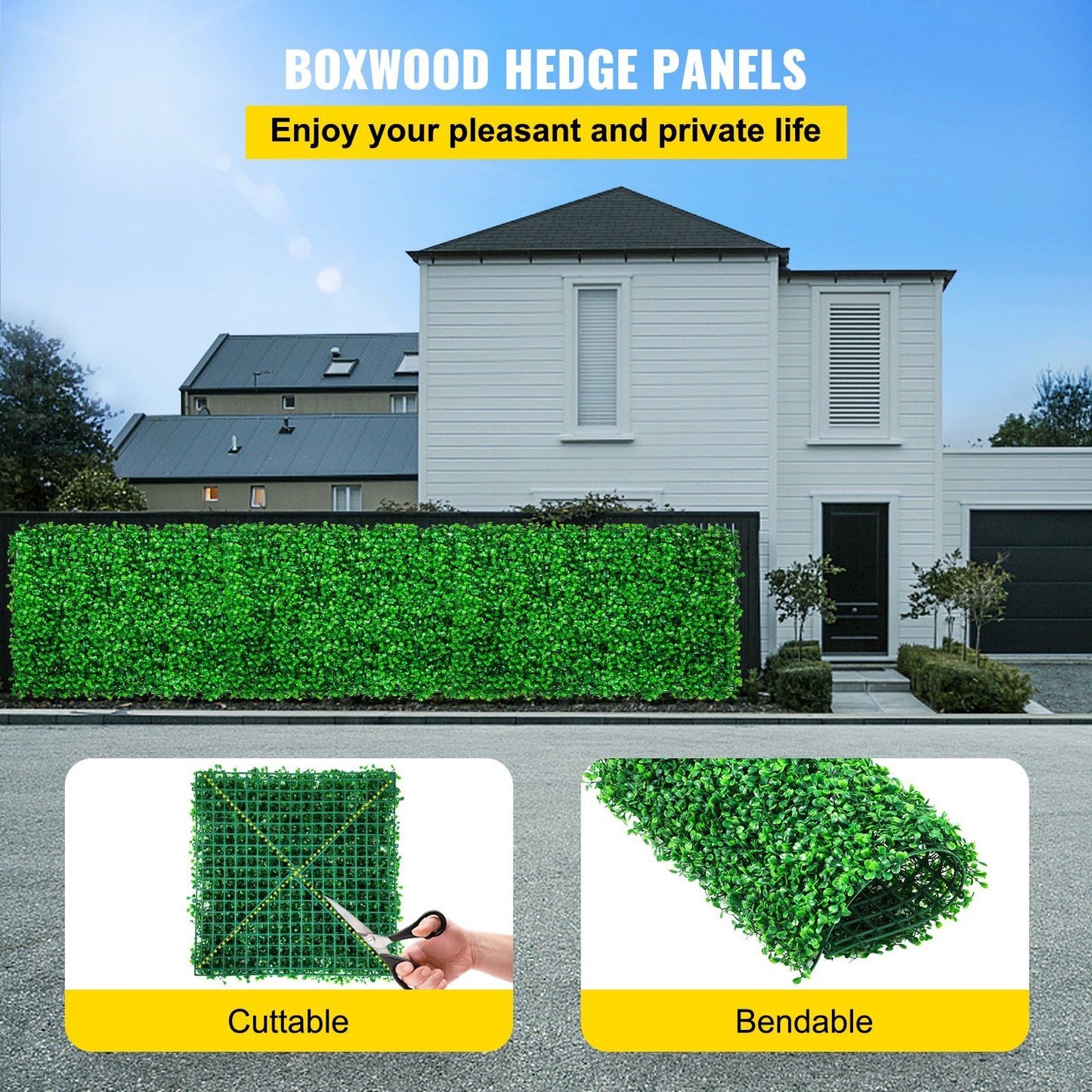 Artificial boxwood hedge panels installed as a privacy fence in front of a modern house showing cuttable and bendable features