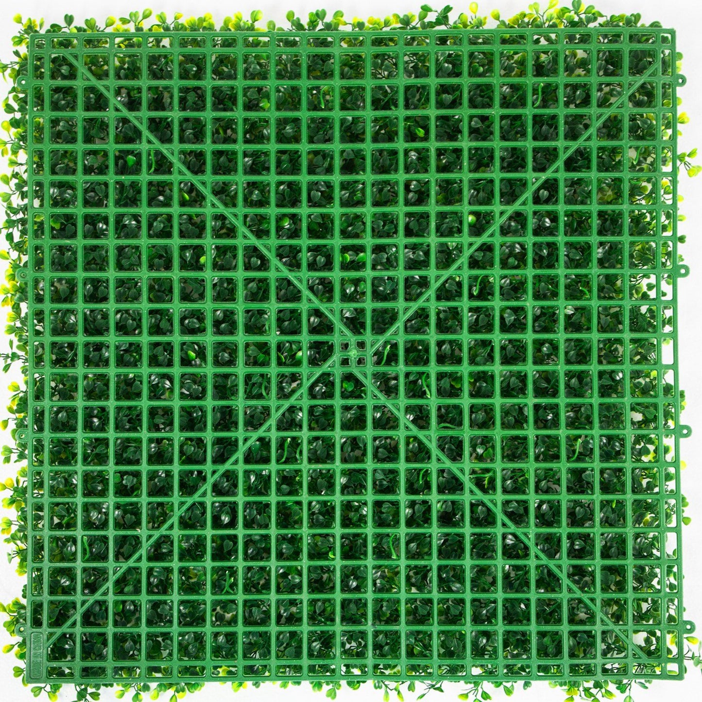 Green artificial boxwood hedge panels with dense leaves and grid backing by FauxMart.com