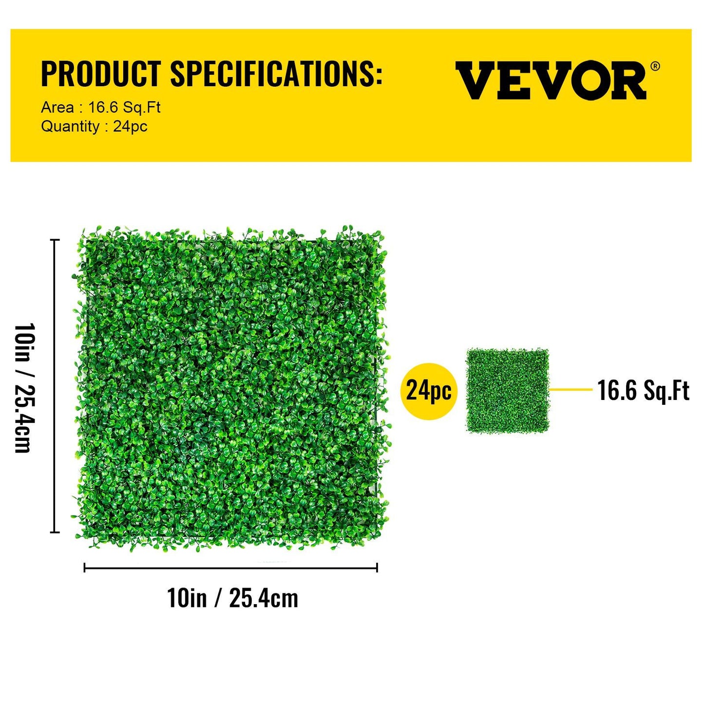 Square artificial boxwood hedge panels measuring 10 by 10 inches, with 24 pieces covering 16.6 square feet
