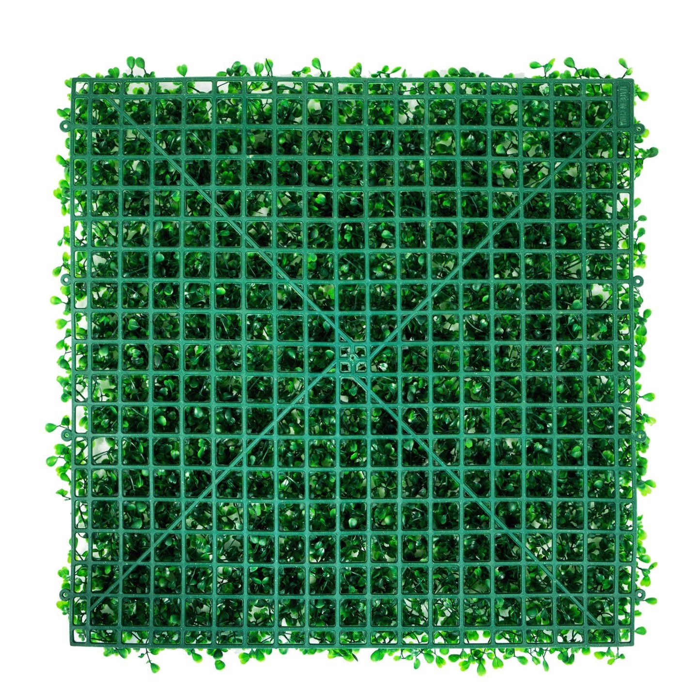 Square artificial boxwood hedge panels with green plastic grid backing for easy installation