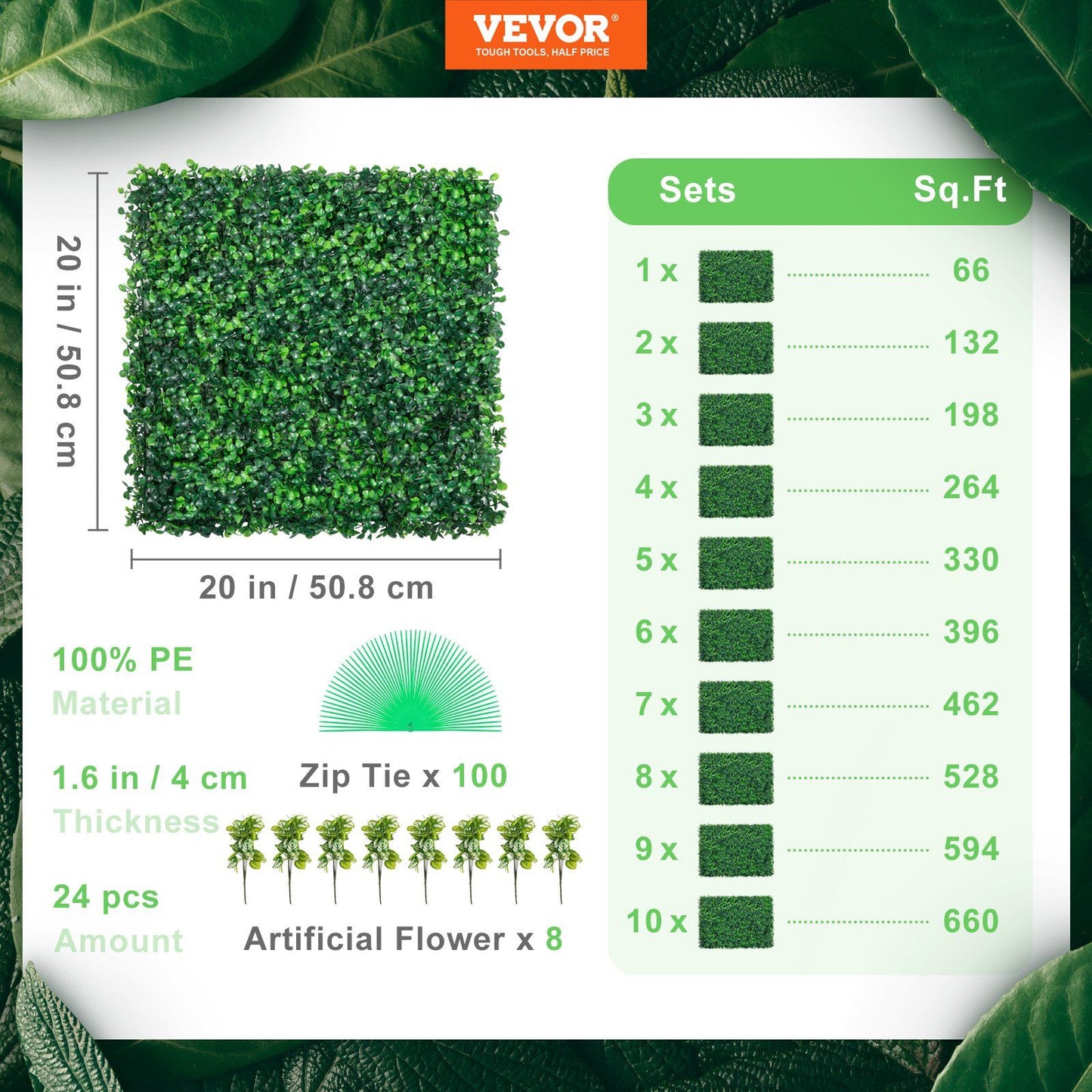 Artificial boxwood hedge panels 20 by 20 inches with 100 PE material and zip ties in set sizes from 1 to 10 packs